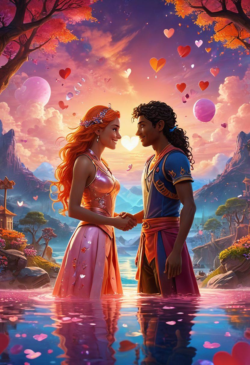 A split-screen image showcasing two distinct gaming scenes: on one side, a couple joyfully customizing characters with heart-themed mods in a colorful fantasy world, and on the other, a romantic sunset setting within a game, where avatars are sharing a passionate moment. Include lively expressions and glowing effects that symbolize affection and transformation in gameplay. vibrant colors. 3D. whimsical style.