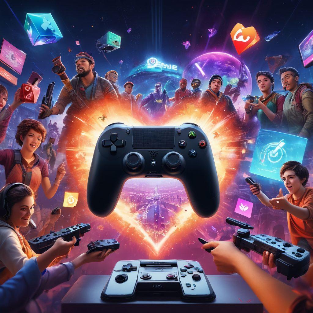 A vibrant gaming scene showcasing diverse players enthusiastically sharing their gameplay experiences; pixelated art transforming into real-life moments of joy, collaboration, and creativity. Include elements like heart icons, game controllers, and social media posts swirling together. The background should reflect a dynamic blend of virtual and real-world environments. bold, colorful, and engaging. super-realistic. vibrant colors.