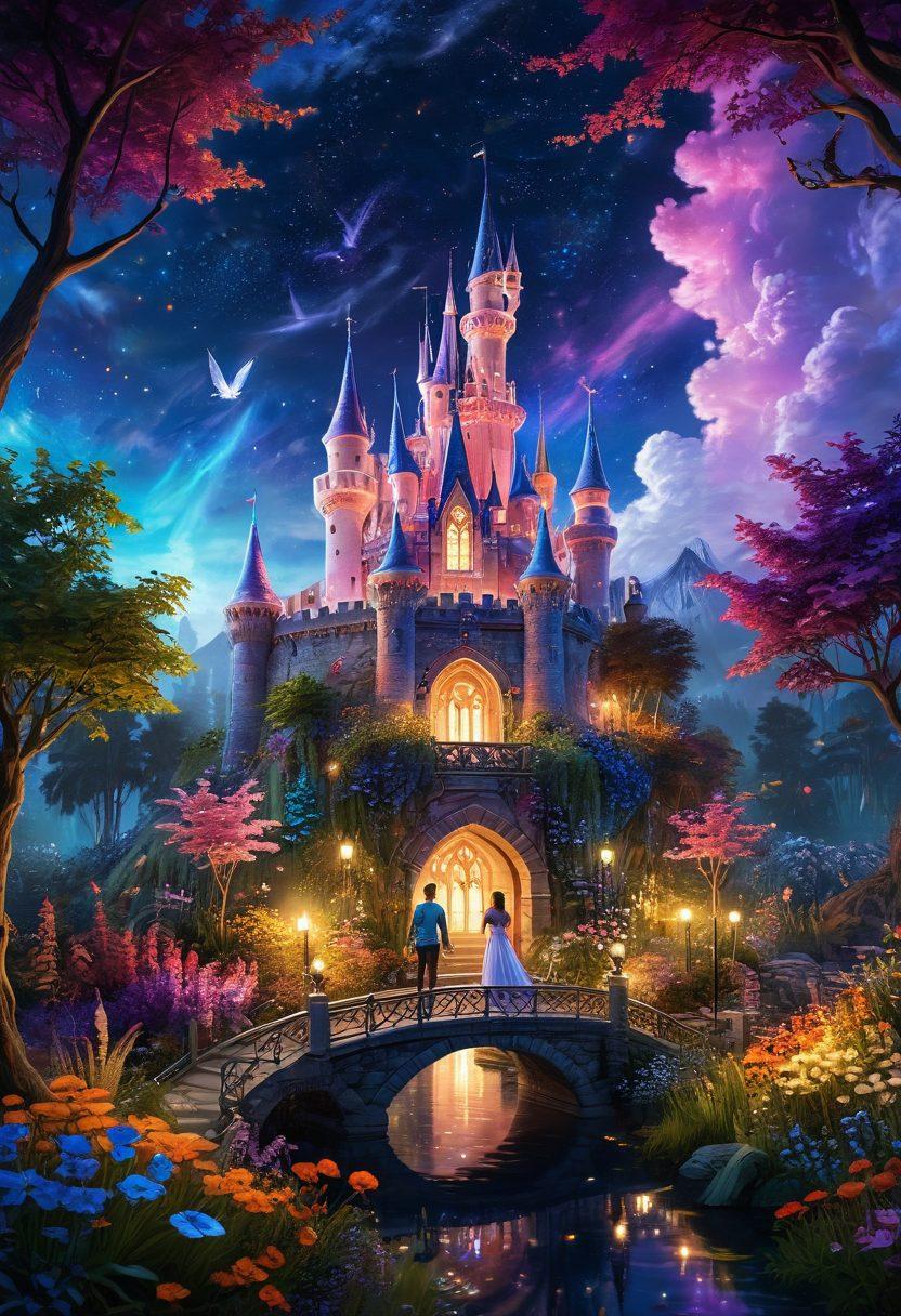 A captivating scene depicting a vibrant fantasy game world where characters engage in romantic interactions, infused with colorful custom mods. The foreground shows a couple in a lush, enchanted garden with glowing flowers, while unique fantasy creatures hover nearby. In the background, a magical castle shines under a starlit sky, emphasizing the transformative power of customization in gaming. The image should be dynamic and whimsical, capturing a sense of wonder and connection among players. super-realistic. vibrant colors. fantasy style.